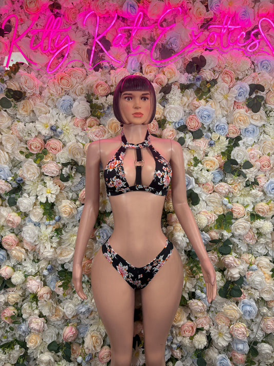 Black floral strappy bikini set with halter triangle top and high-cut bottoms