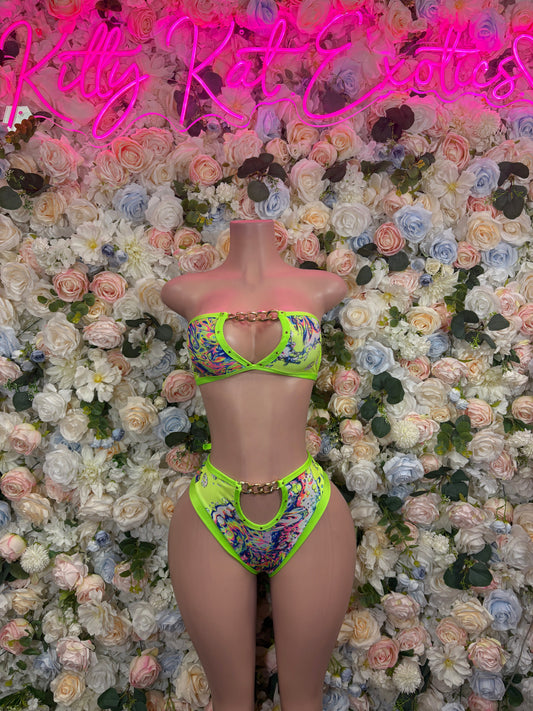 Lime green festival bikini set with multicolor print triangle top and high-cut bottoms