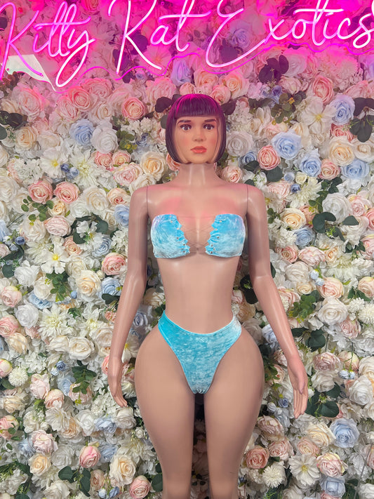 Aqua textured bandeau bikini set with matching high-cut bottoms