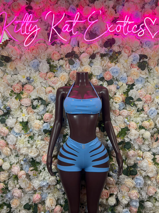 Turquoise cutout bralette and striped high-waist shorts set on mannequin, front view