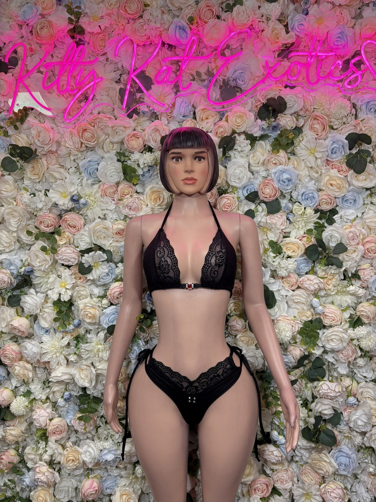 Black lace lingerie set, triangle bra and matching thong, front view