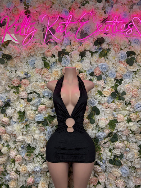 Black mini dress with halter neckline and circular chest cutout