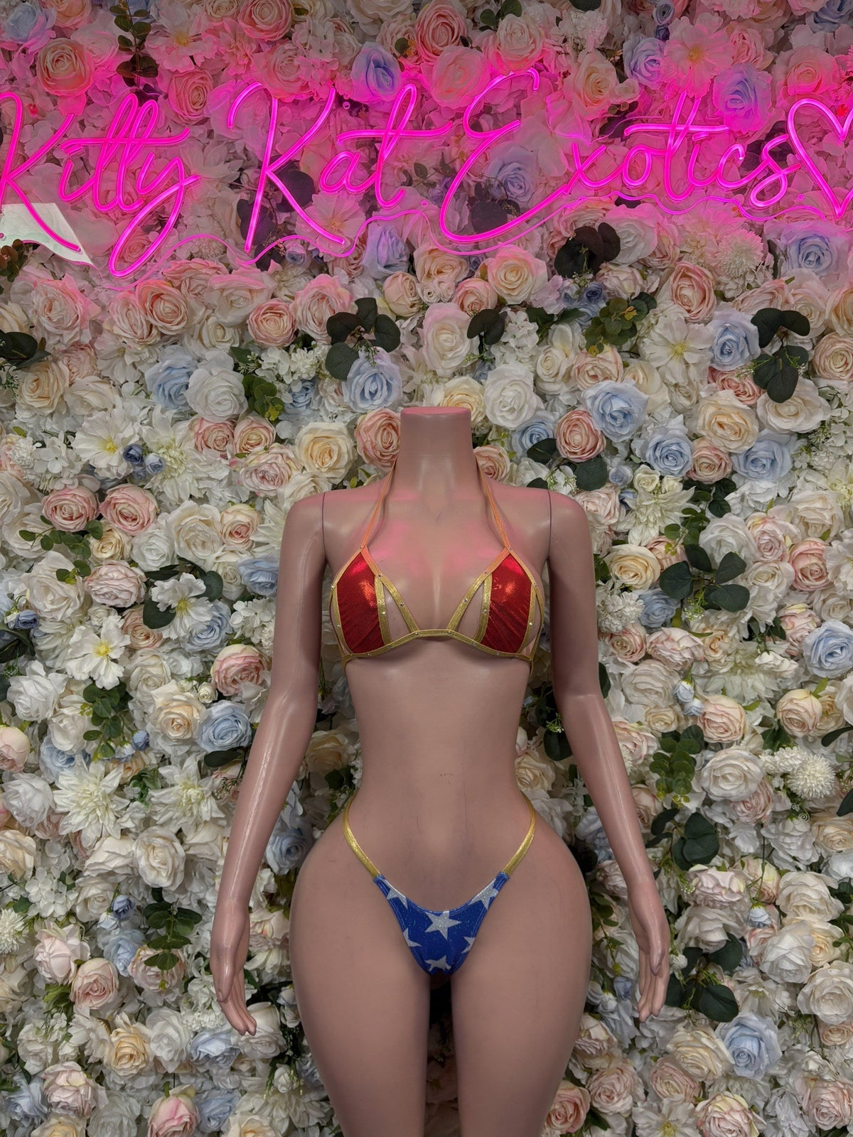 Triangle star print bikini with red top and blue bottoms, front view