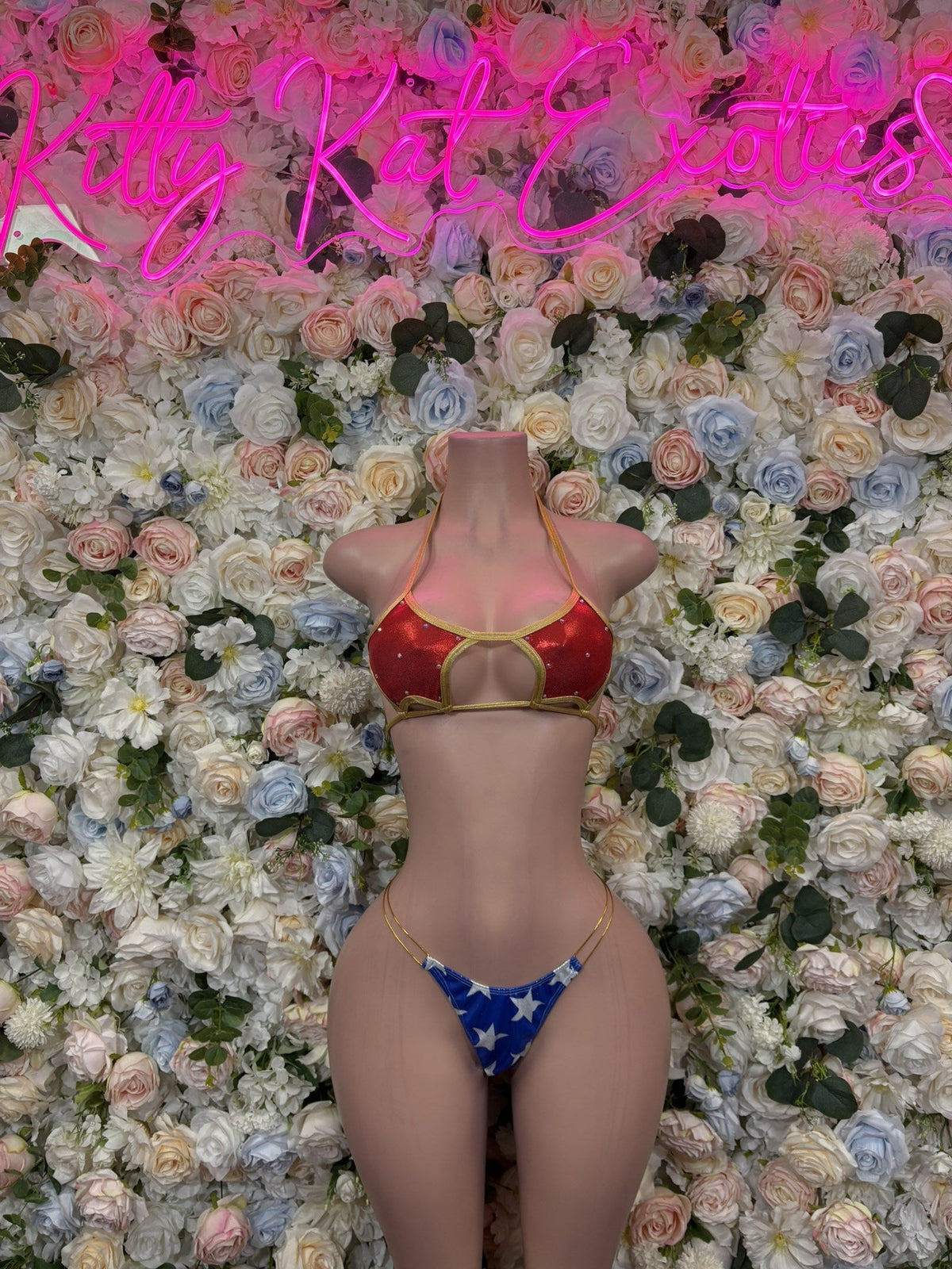 Red string bikini set with gold ties; star-print bikini bottom