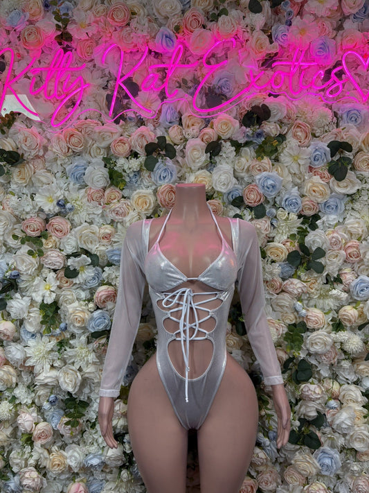 White sheer lace-up bodysuit with long sleeves and high-cut front