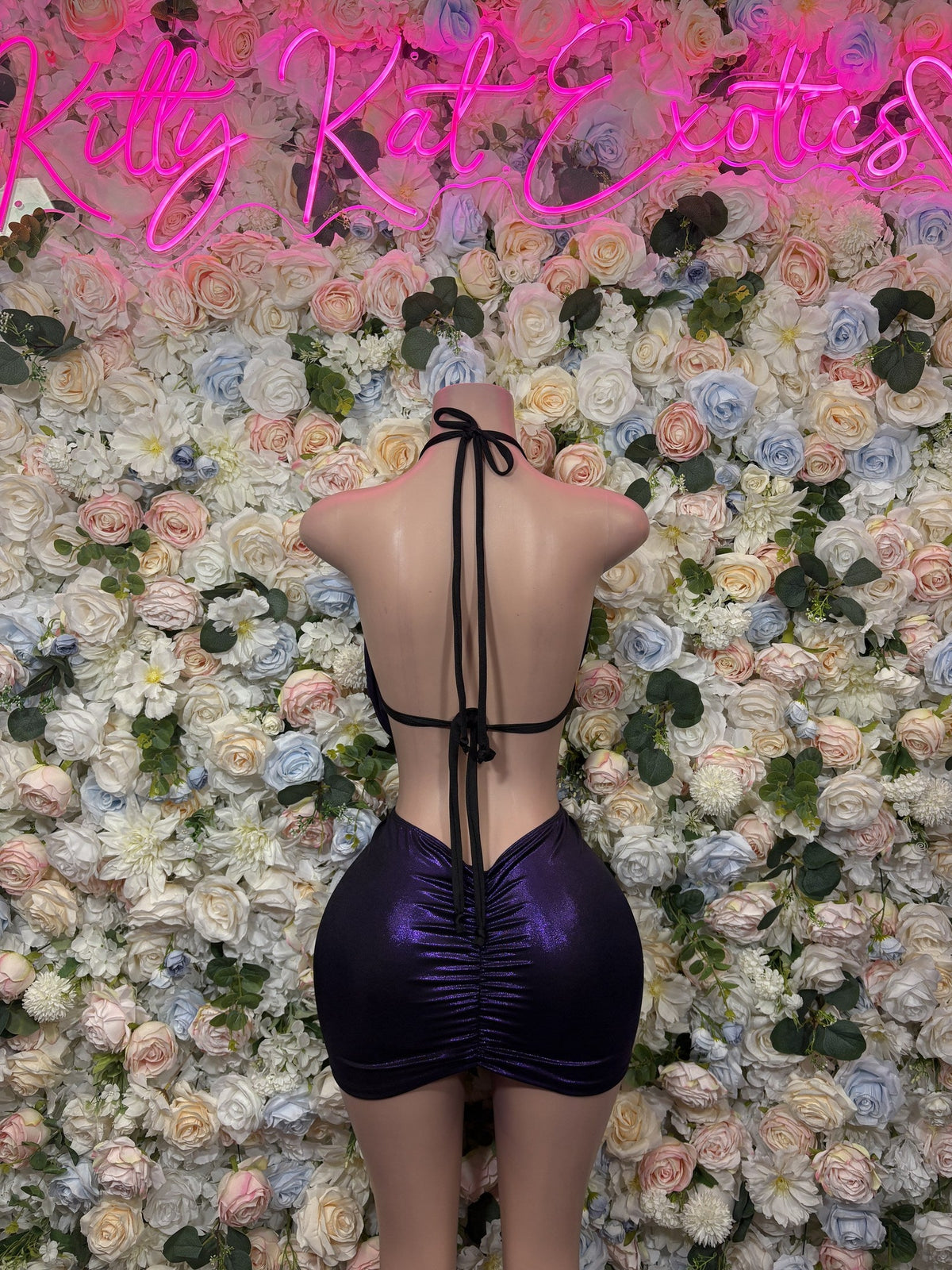 Purple halter mini dress, back view with thin tie straps