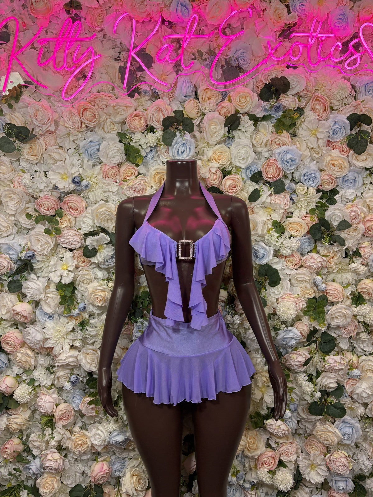 Purple halter ruffle-hem mini dress with tiered skirt and backless cutout