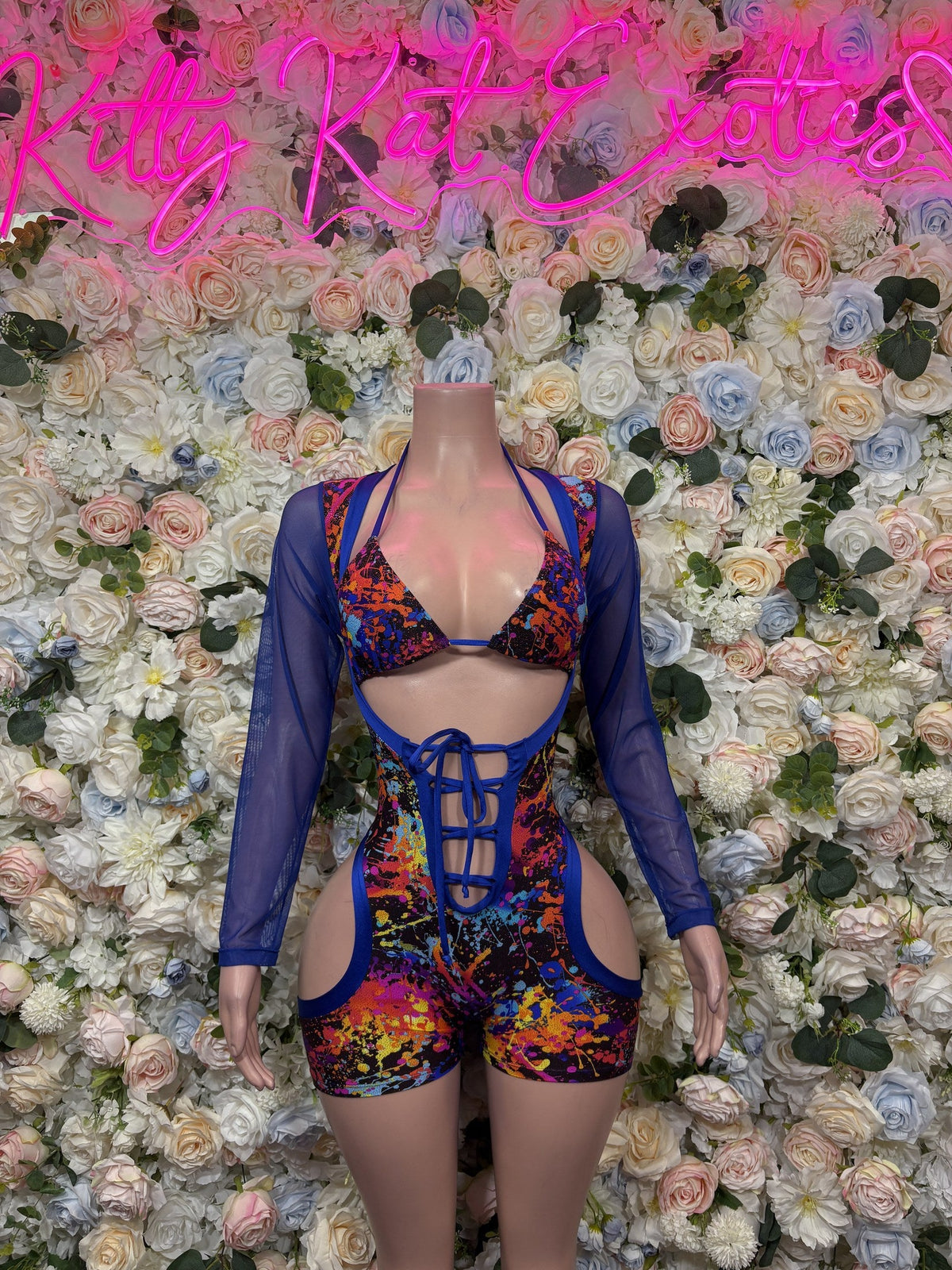Multicolor print shorts bodysuit with blue triangle top and tie-front