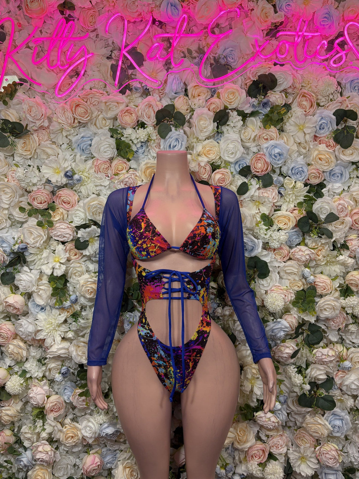 Multicolor cutout bodysuit with long blue sleeves, plunging neckline and front ties