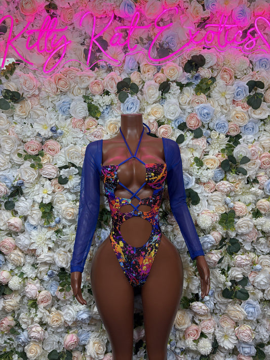 Royal blue multicolor cutout bodysuit with open back and lace-up straps
