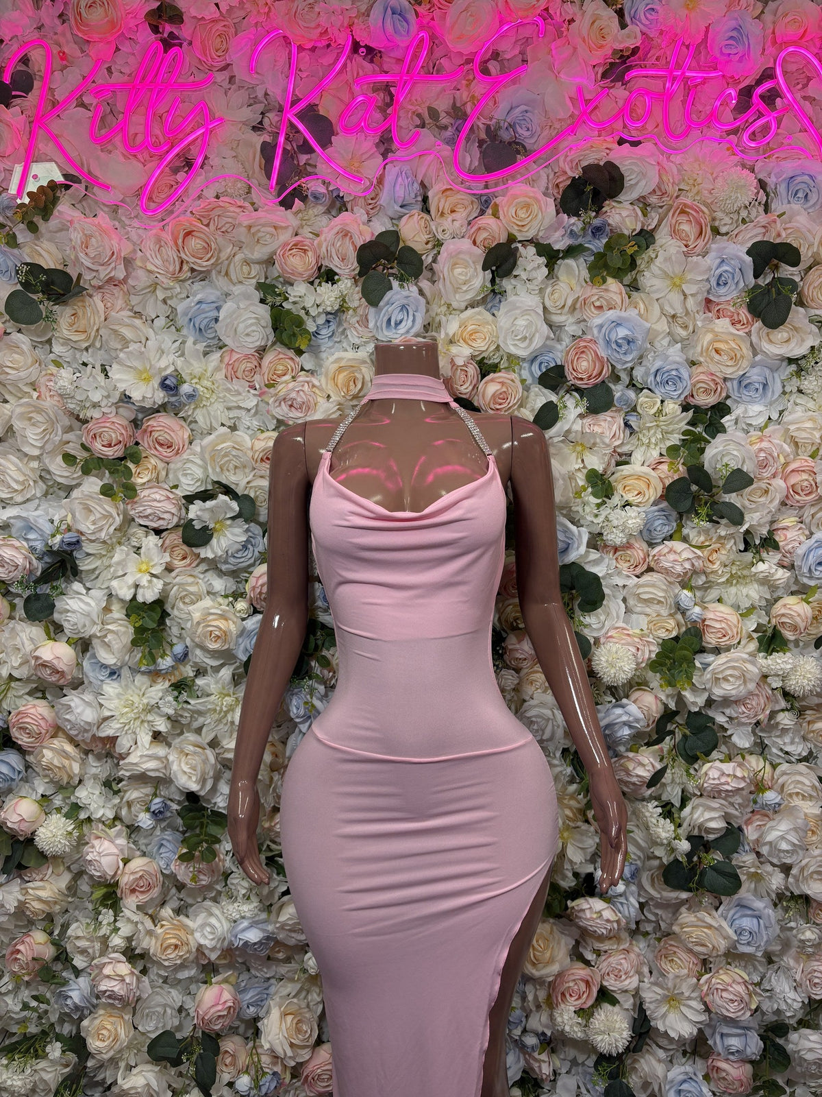 Light pink bodycon mini dress, front view with ruched scoop neckline