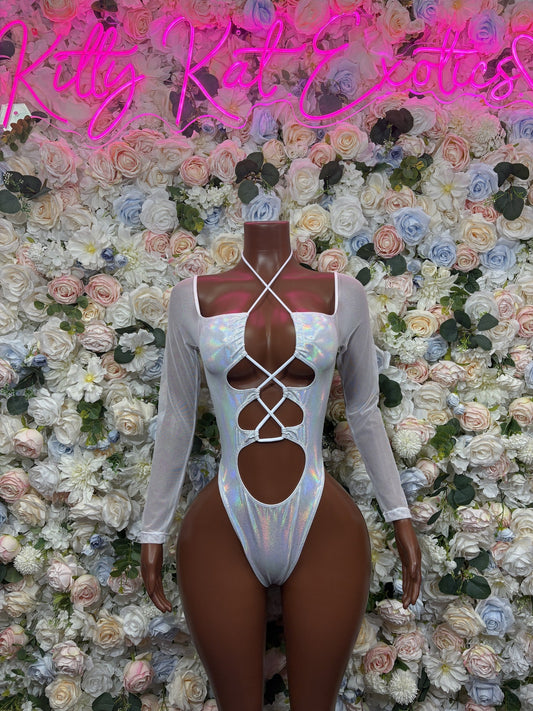 White iridescent cutout bodysuit with long sleeves and crisscross front cutouts