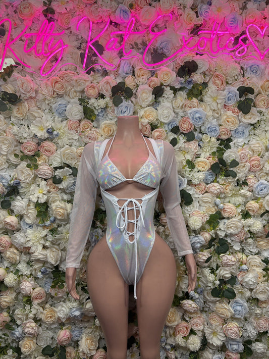 White iridescent lace-up bodysuit with long sleeves, V-neck and tie-back
