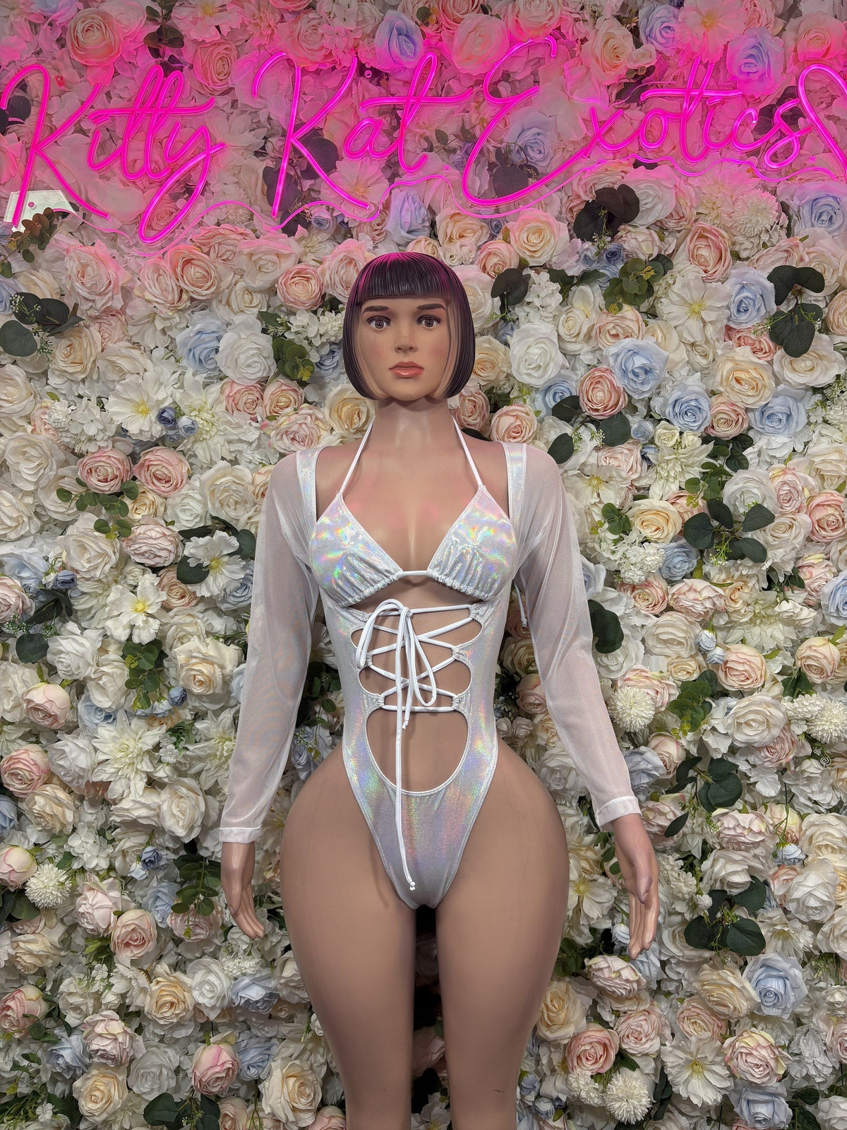 Iridescent halter lace-up bodysuit with long sleeves, front cutout and tie front