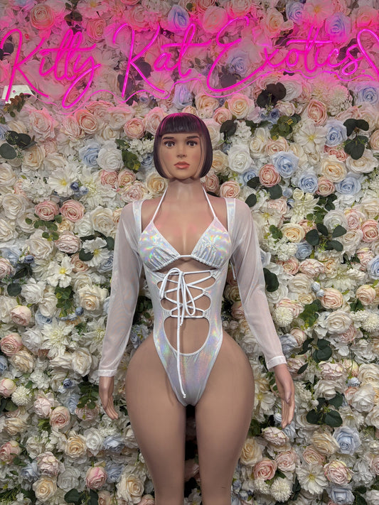 Iridescent halter lace-up bodysuit with long sleeves, front cutout and tie front