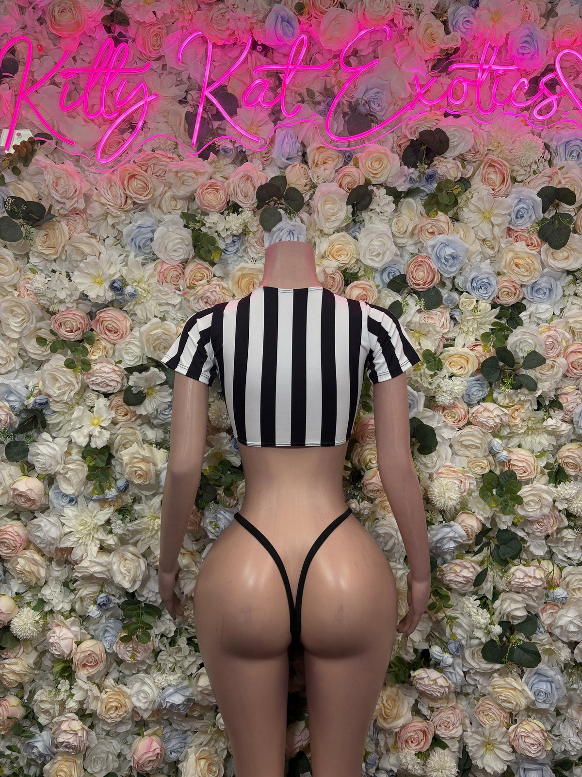 Striped referee costume set: black bow crop top and matching thong bottoms