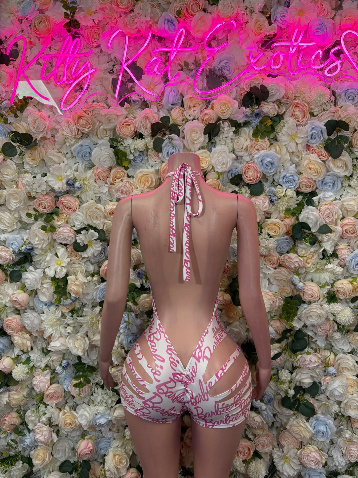 Pink White Graphic Halter Shorts Two Piece Set back view