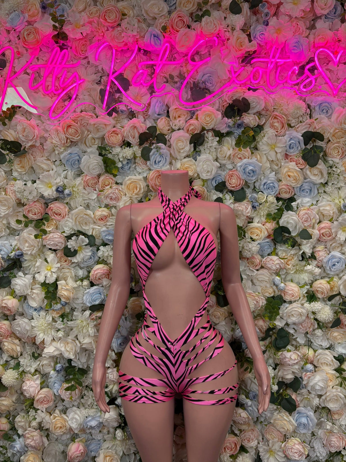 Hot Pink Zebra Halter Shorts Two Piece Set front view