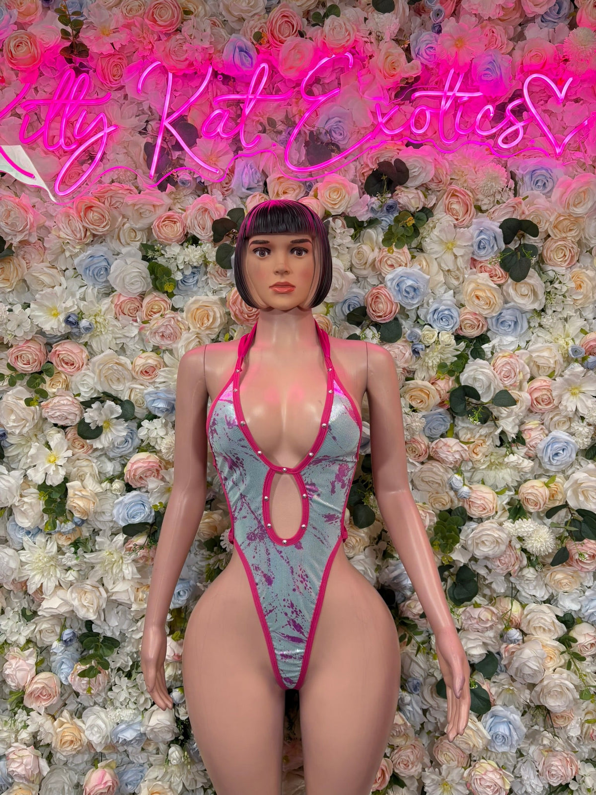 Pink Silver Rhinestone Strappy Bodysuit front view