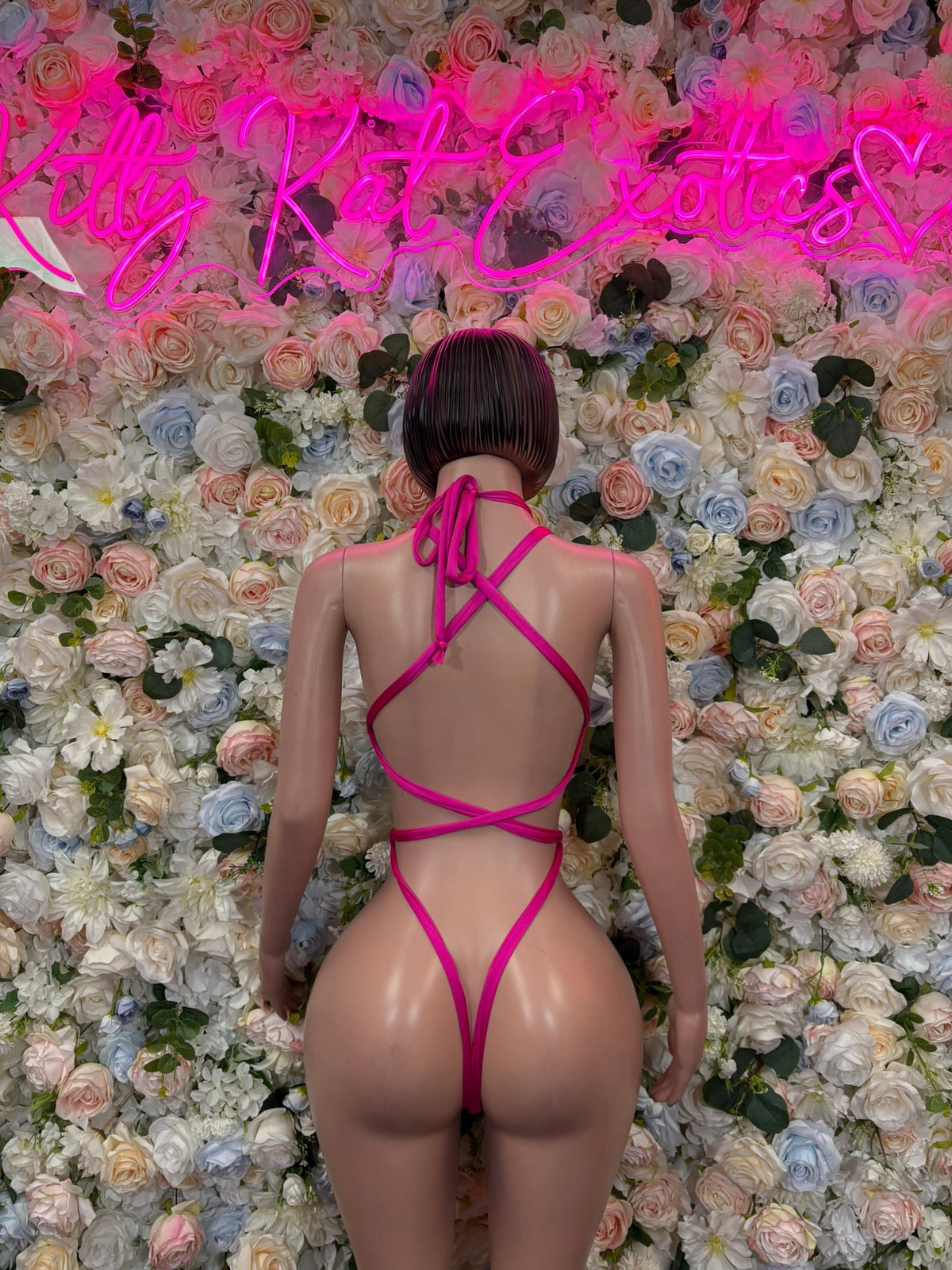 Pink Silver Rhinestone Strappy Bodysuit back view