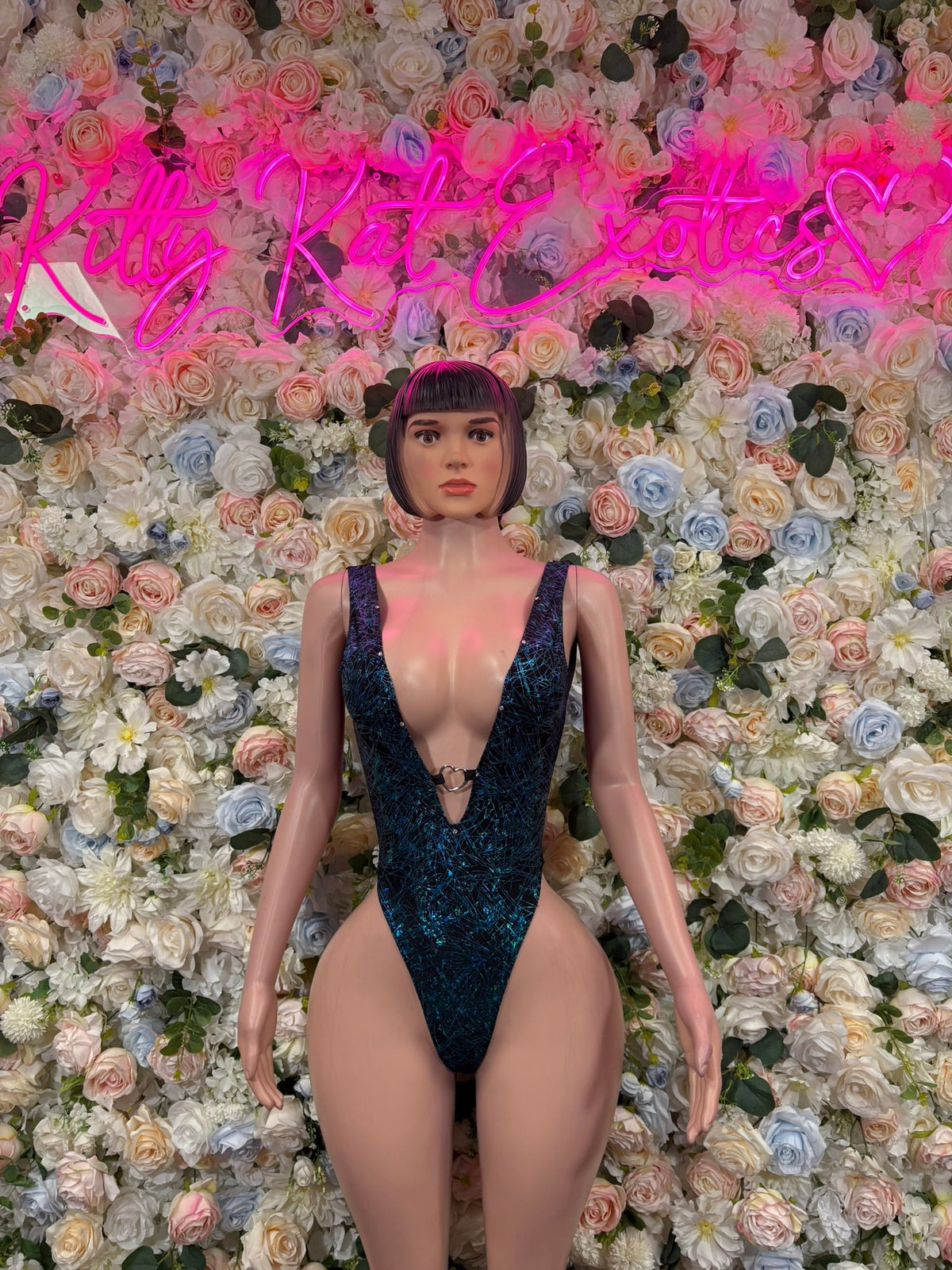 Navy Sequin Plunge Rave Bodysuit front view
