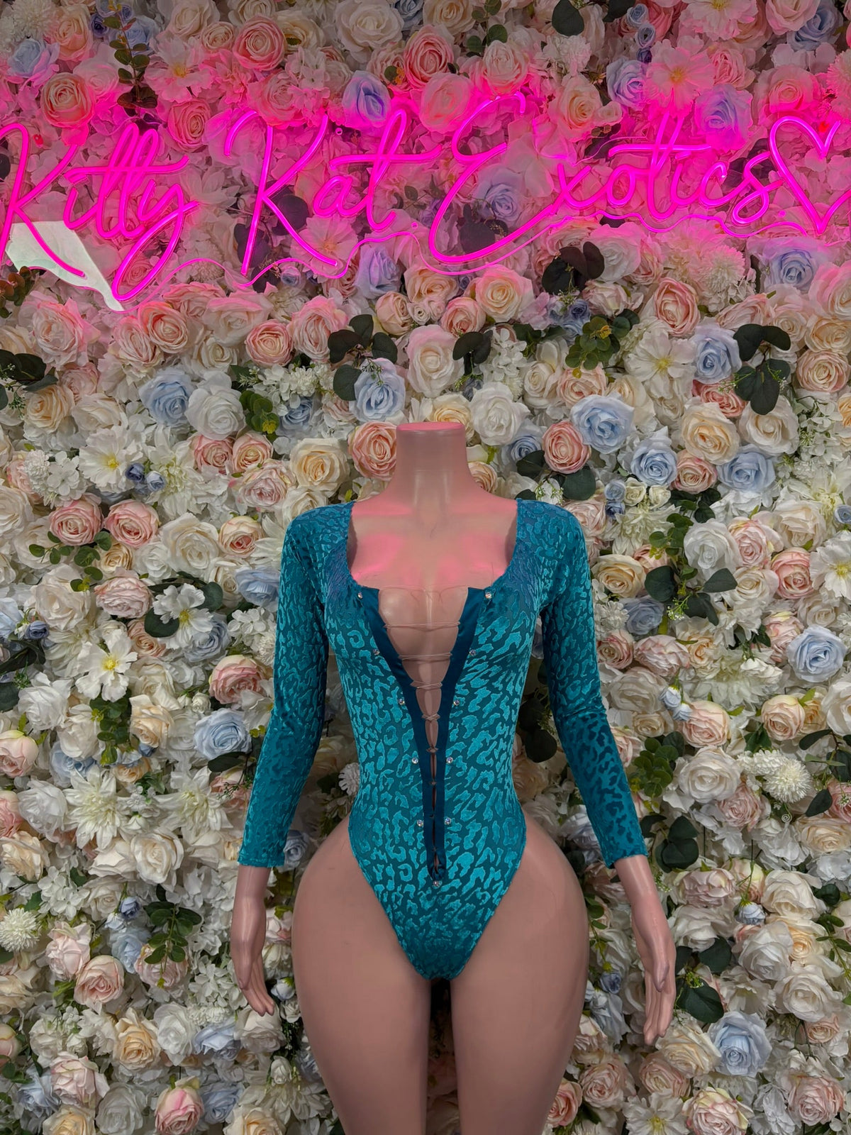 Teal Sequin Long Sleeve Plunge Bodysuit front view