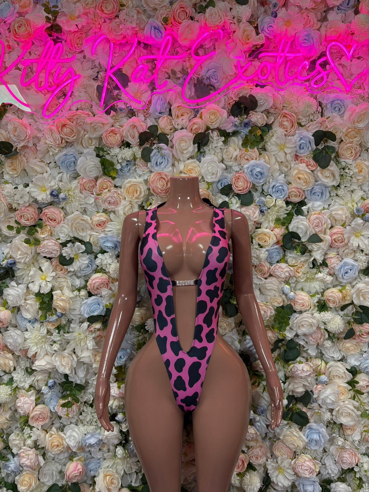 Pink Black Leopard Print Plunge Bodysuit front view