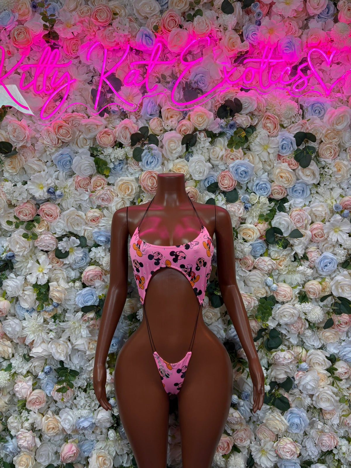 Pink Black Spotted Bandeau Cutout Bodysuit front view