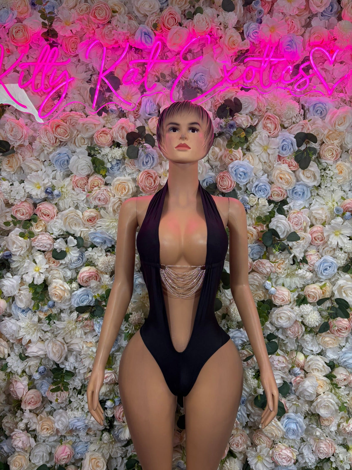 Black Ring Detail Lace-Up Cutout Bodysuit front view