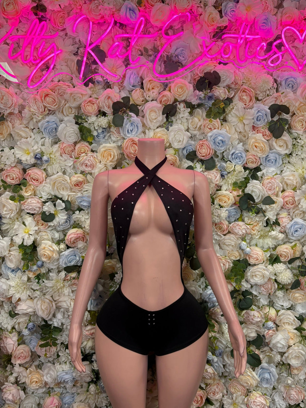 Black Strapless Ring Cutout Bodysuit front view