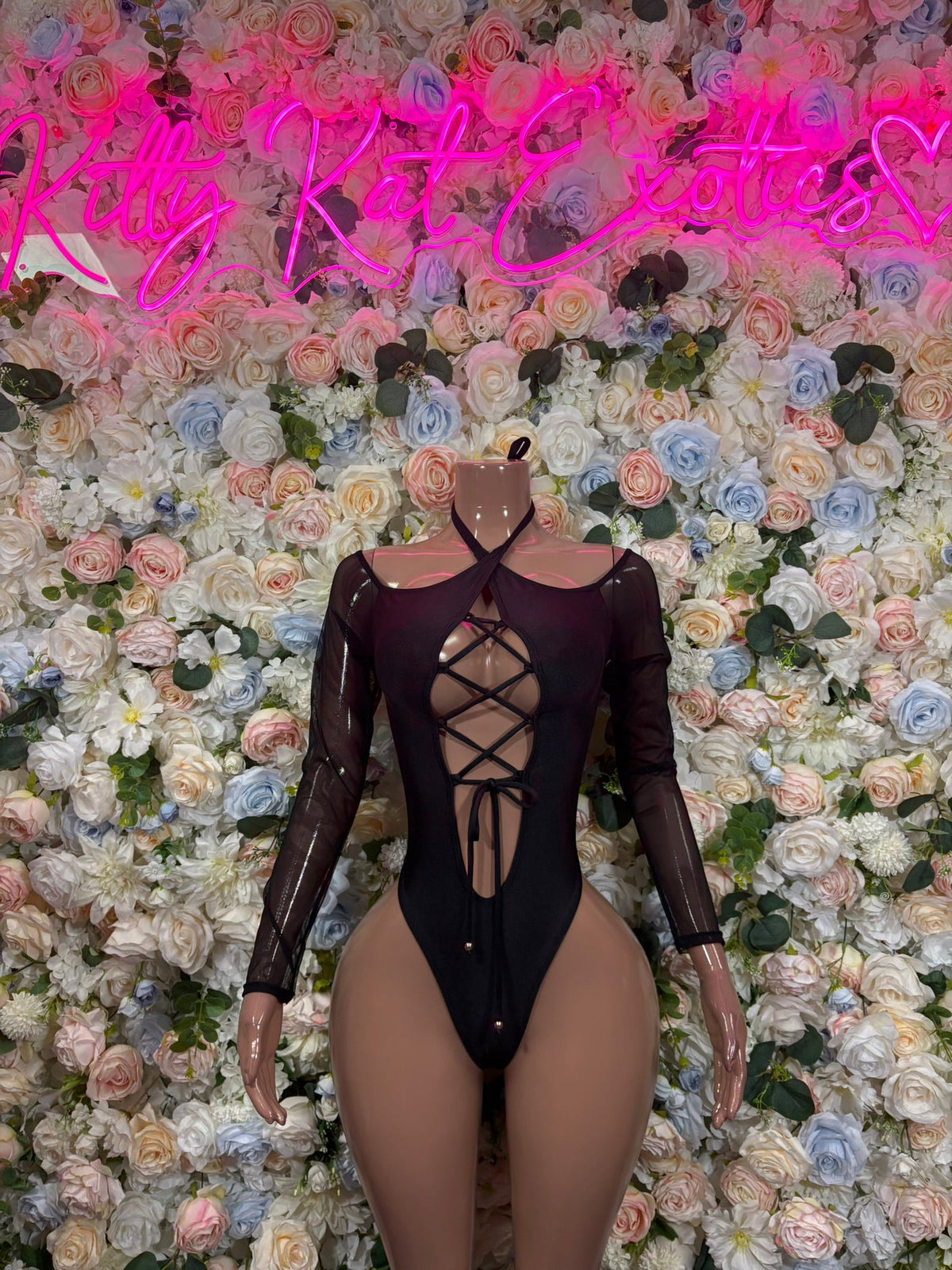 Black Crisscross Waist Cutout Bodysuit front view