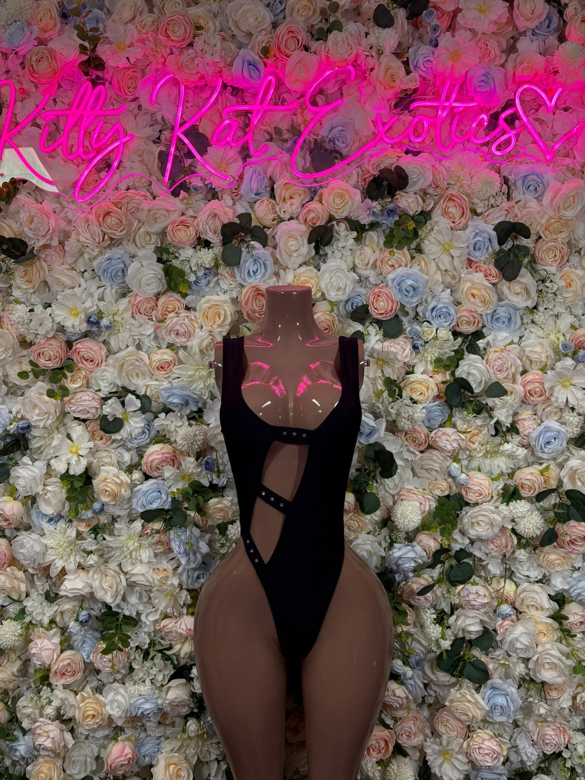 Black High Neck Zip Cutout Bodysuit front view