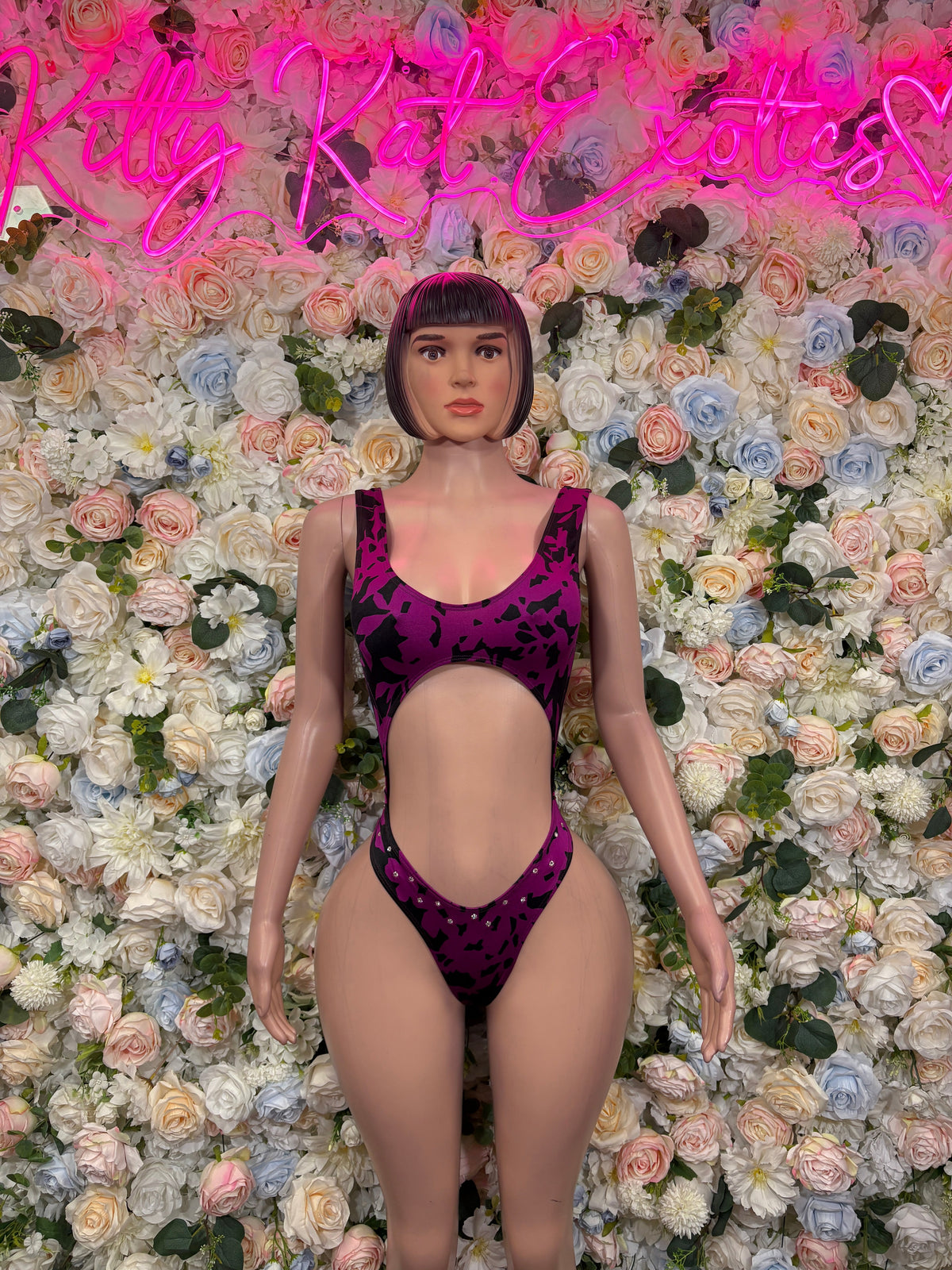 Purple Black Animal Print Scoop Cutout Bodysuit front view
