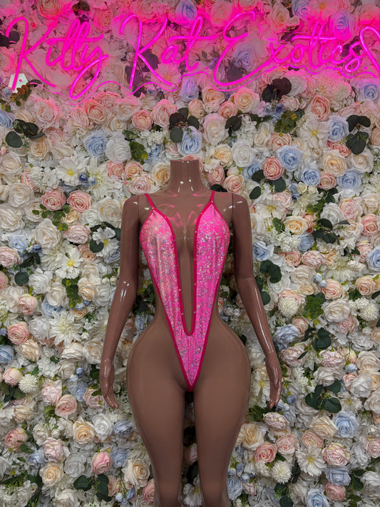 Pink sequin V-neck sling bodysuit with high-cut legs and thong back