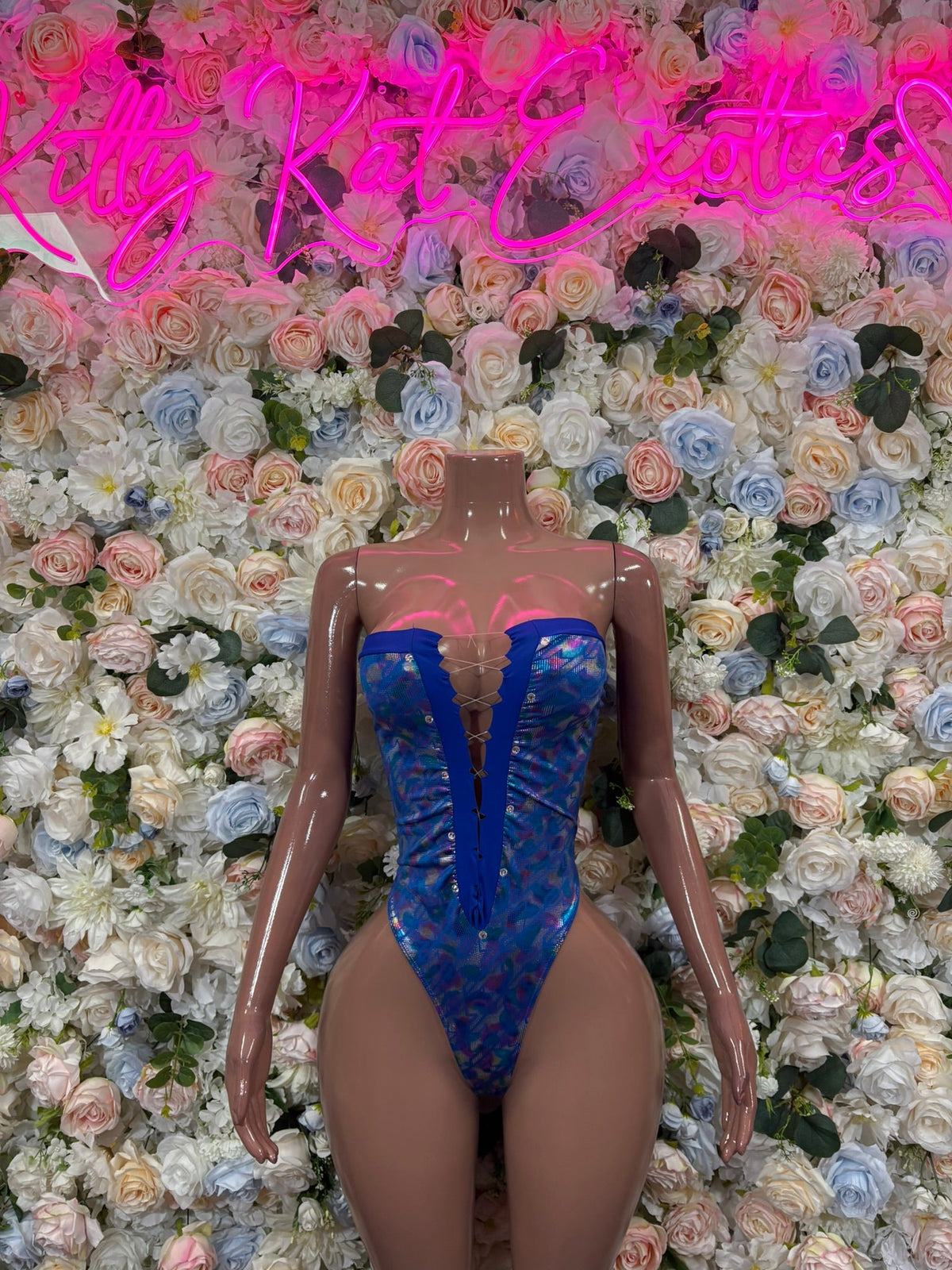Royal Blue Sequin Strapless Plunge Bodysuit front view - KittyKatExotics