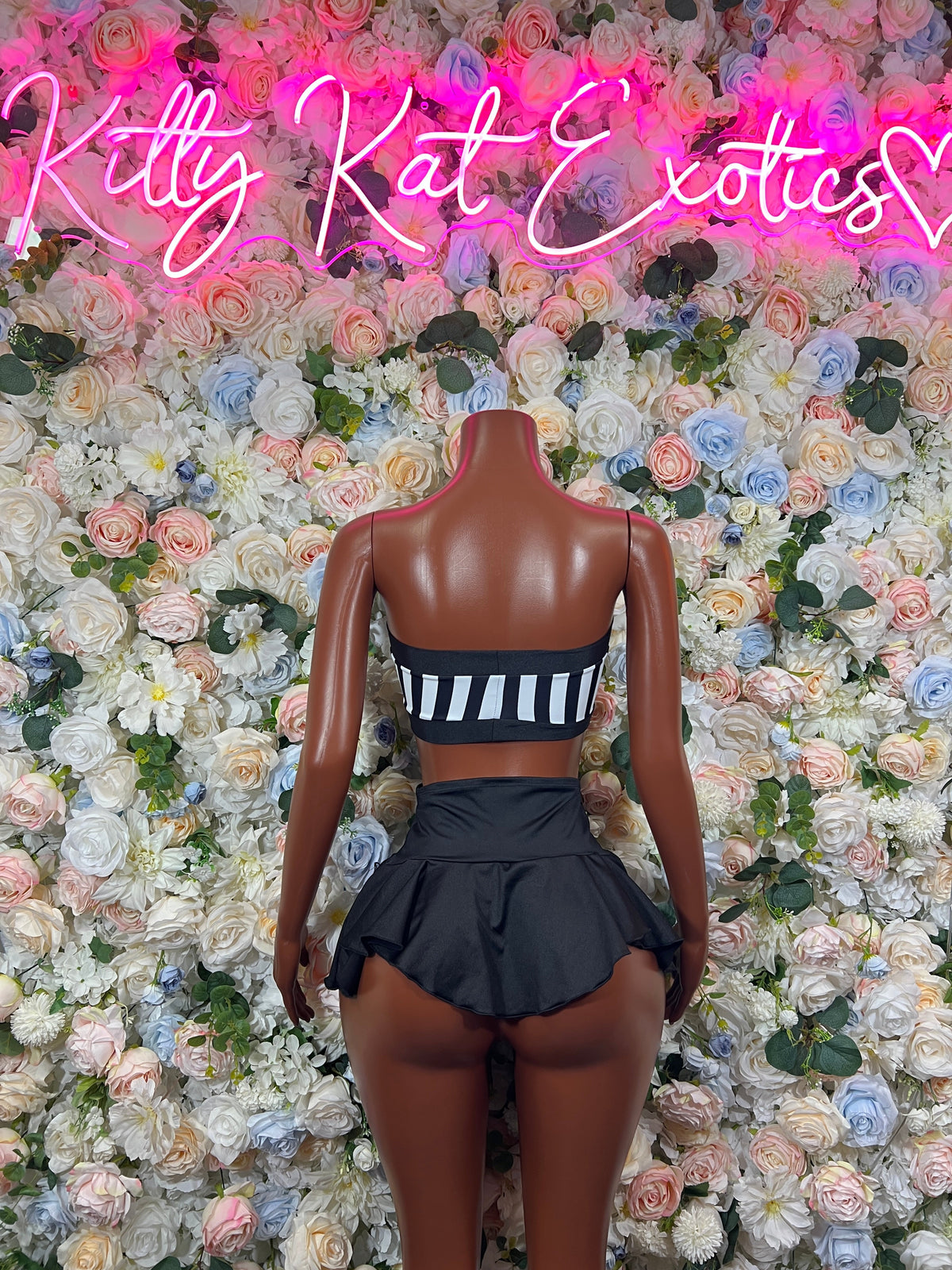 Black and white referee one shoulder skirt set back view