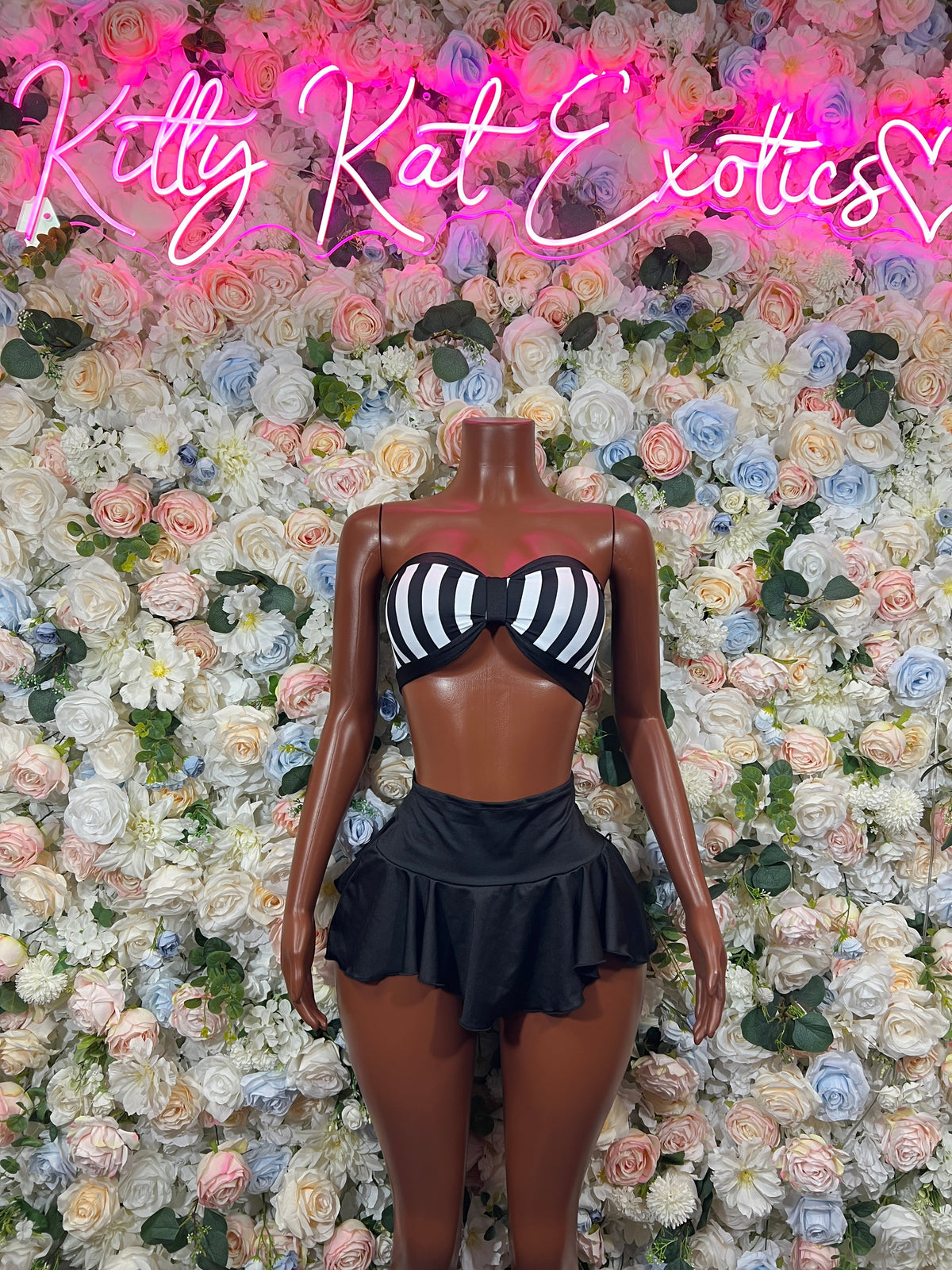 Black and white referee one shoulder skirt set front view