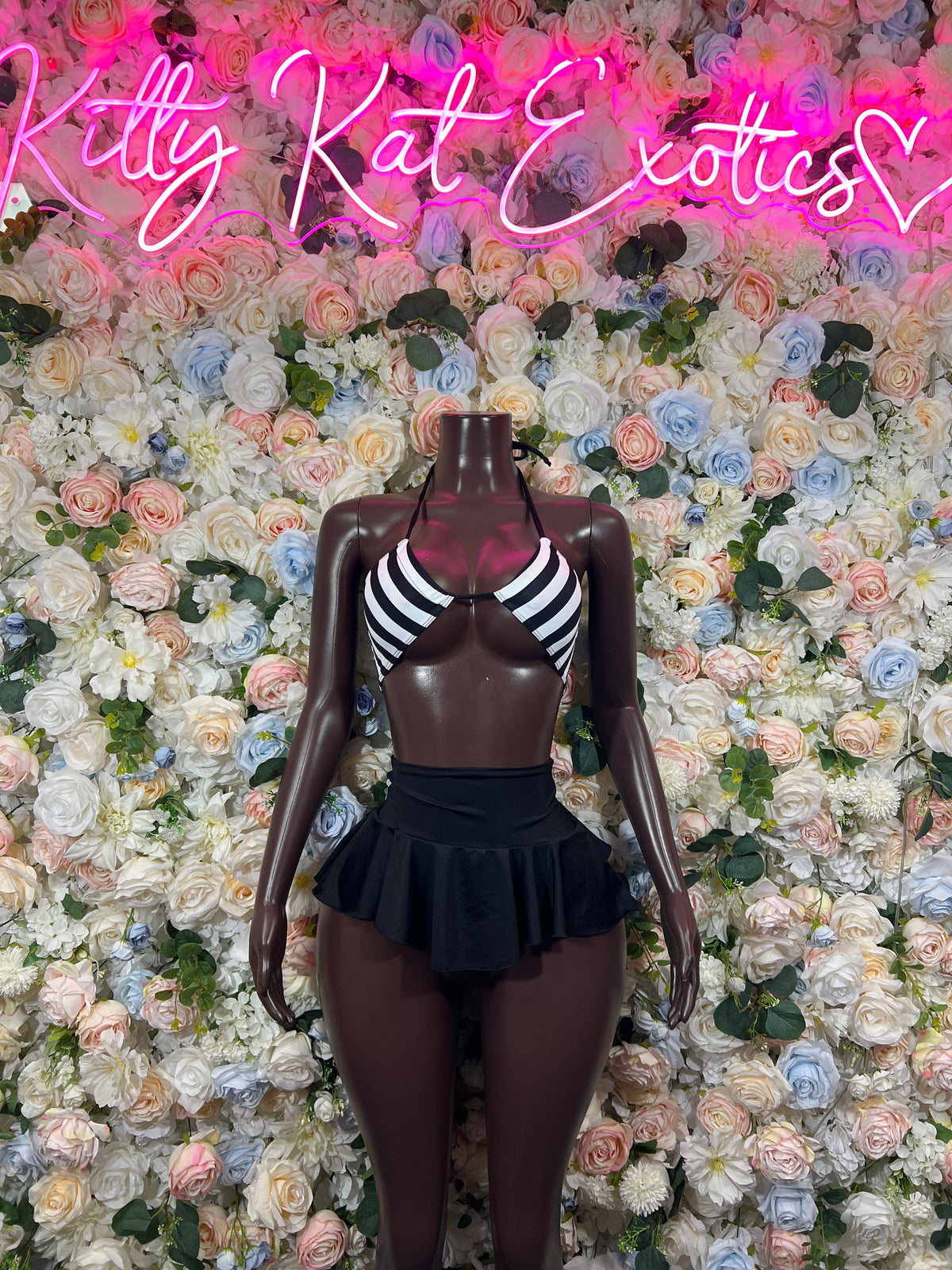 Black and white referee halter bow skirt set front view