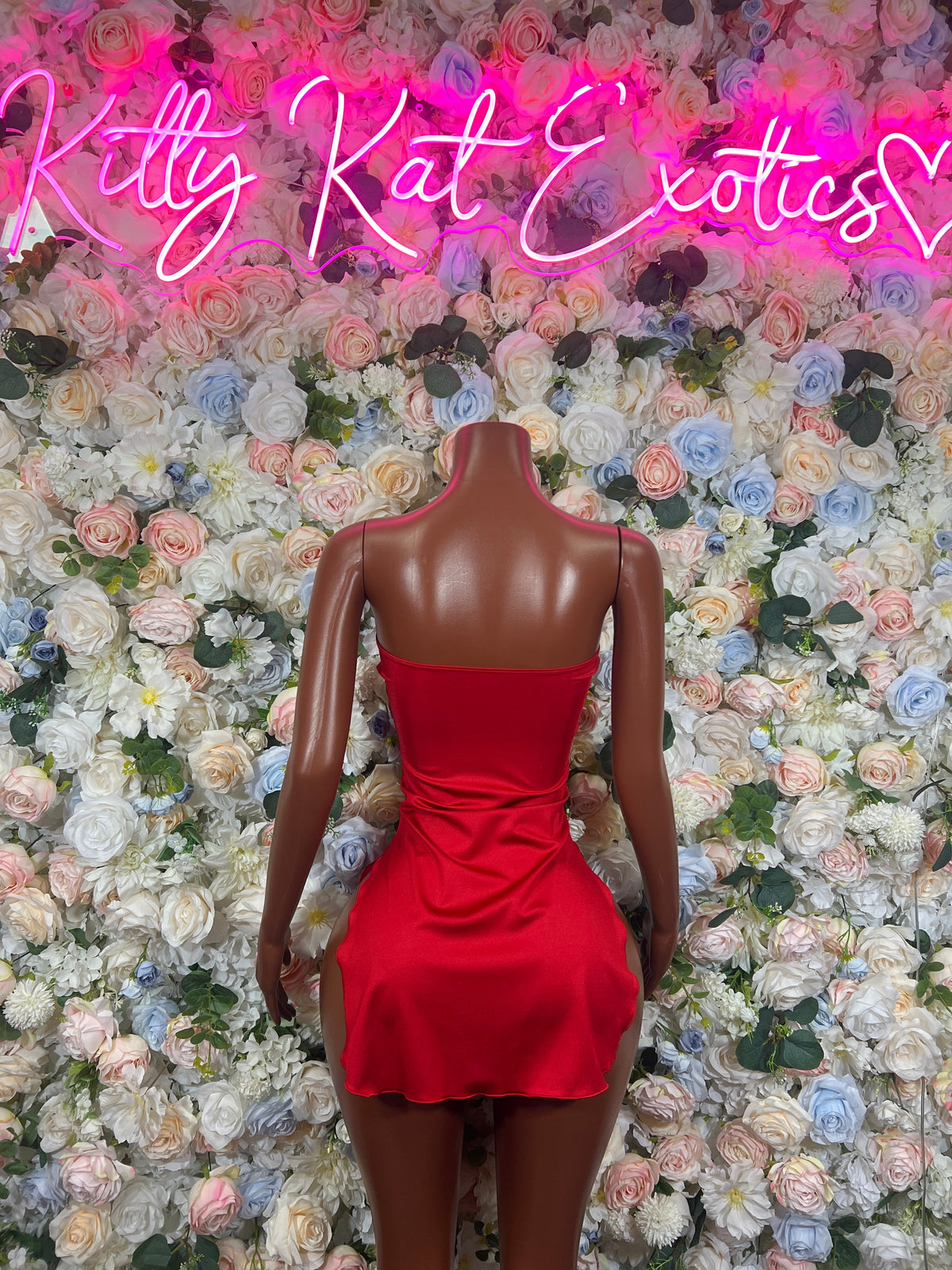 Red satin cutout bodysuit with ruched back and open back design