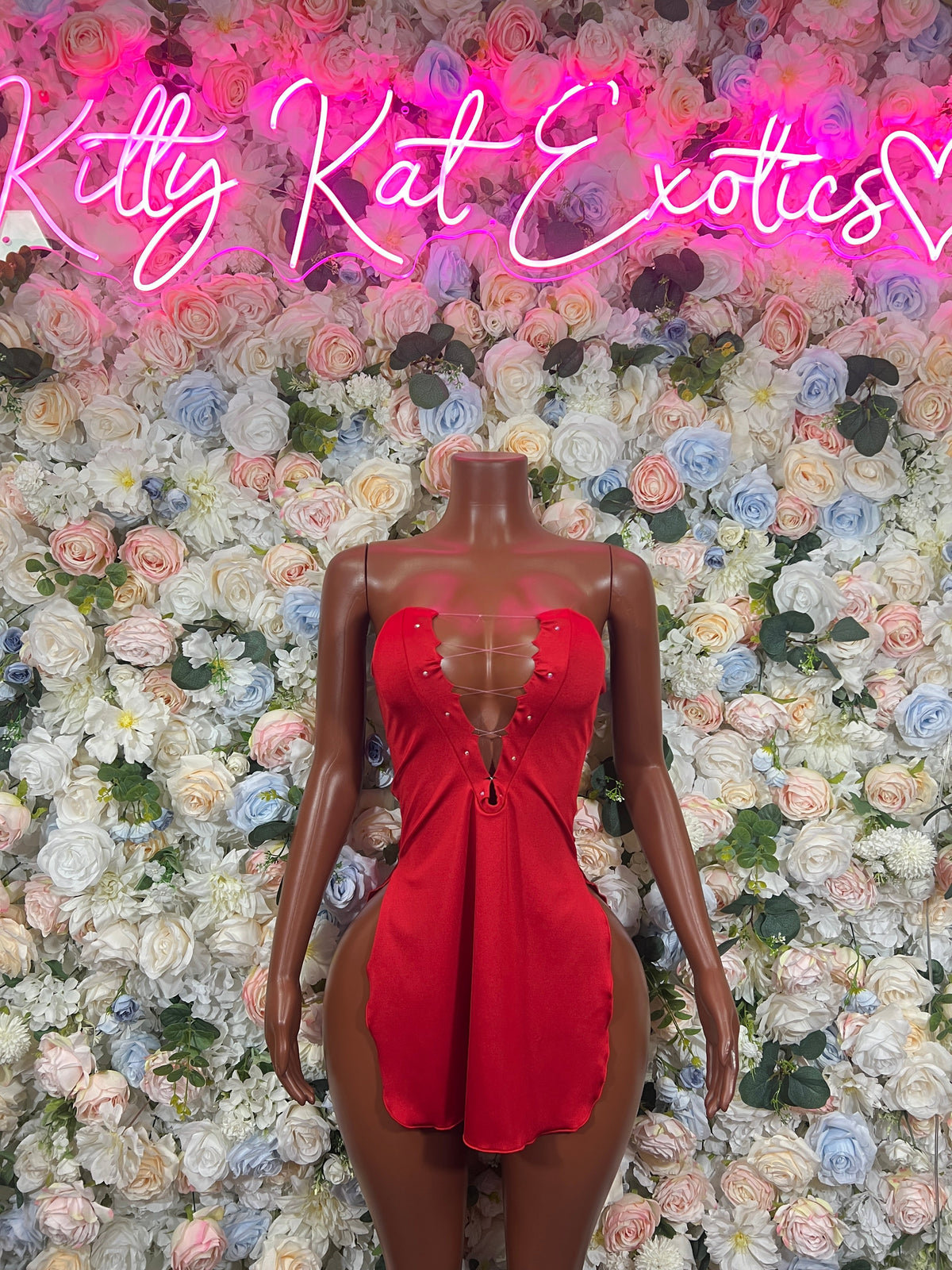 Red satin cutout bodysuit with sweetheart neckline and back straps