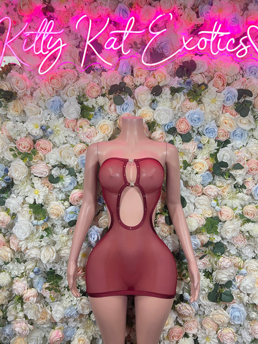Burgundy strapless mini dress with oval back cutout and vertical straps