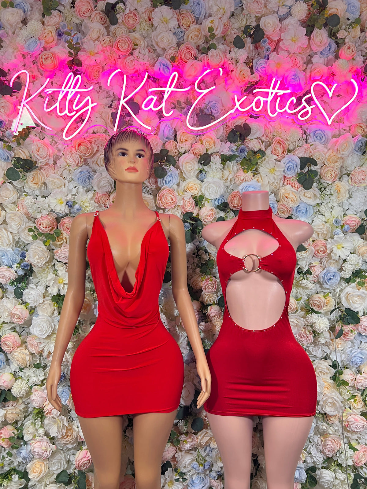 Red halter cutout mini dress with draped neckline and ruched front