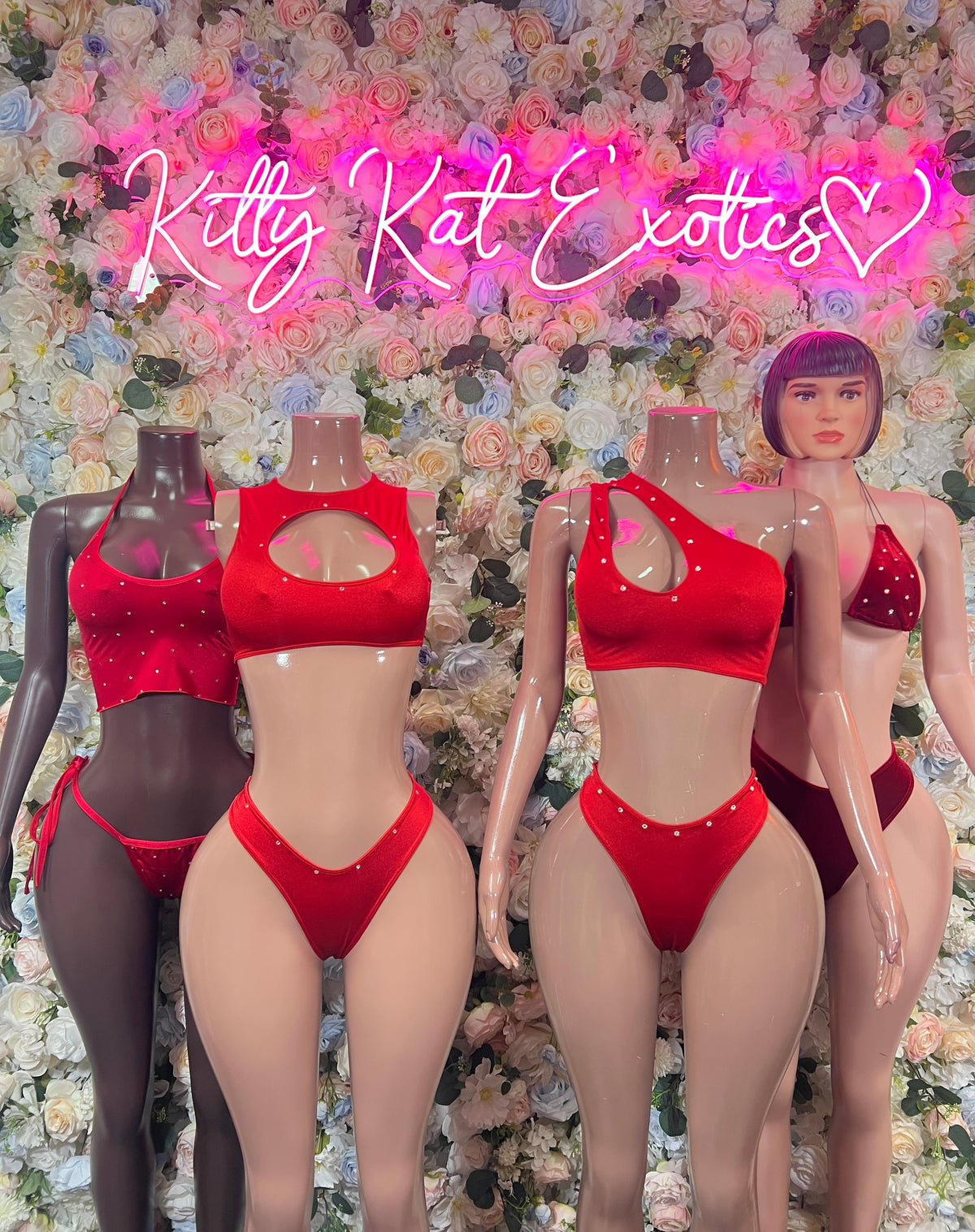 Red rhinestone one-shoulder bra top and high-cut bikini bottoms set