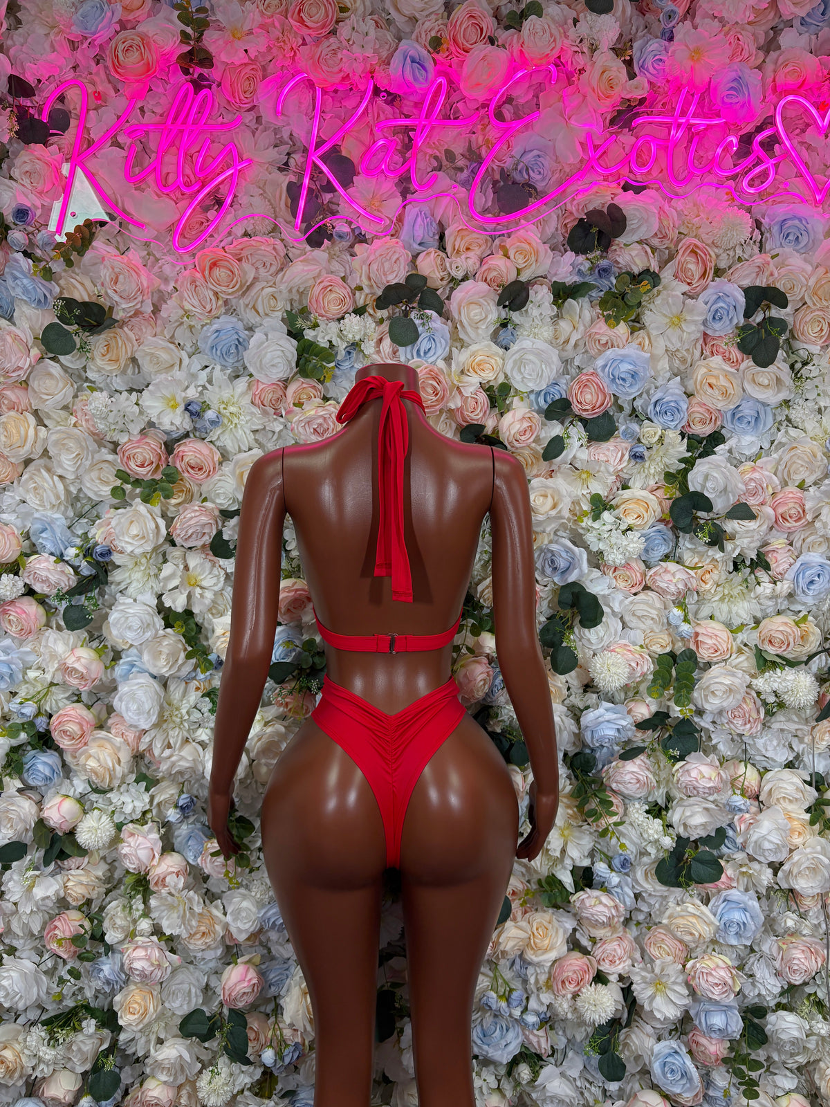 Red cutout harness bikini set, high-leg bottoms with open back tie detail