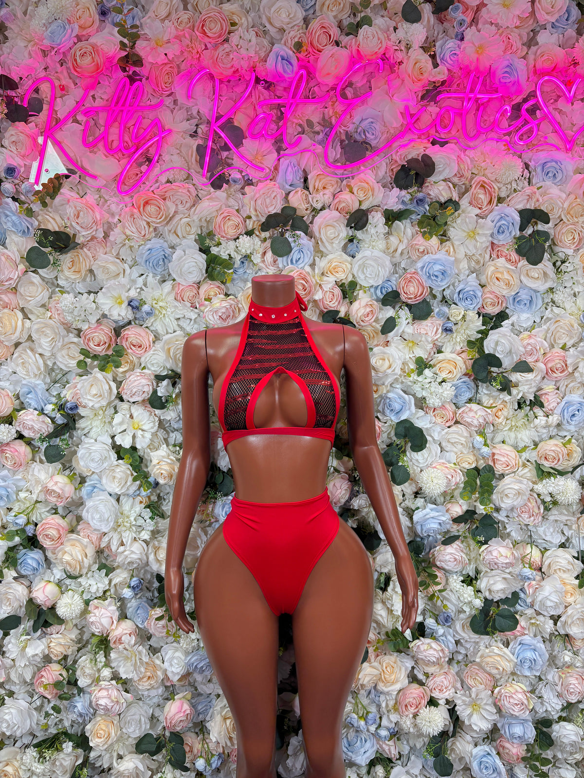 Red high-cut bikini set with halter top and open back harness cutout