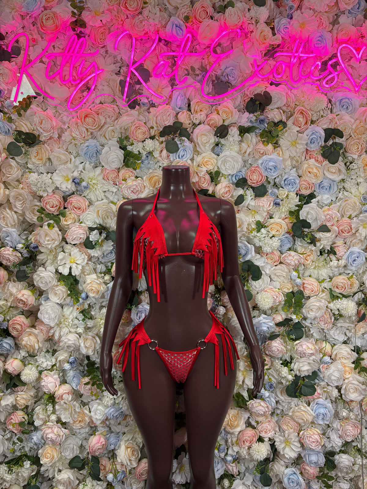 Red rhinestone asymmetrical bikini set with tassel details and string side ties