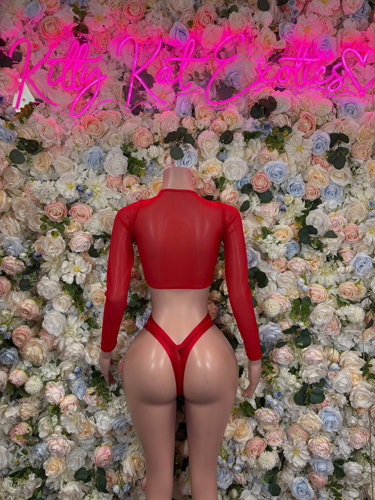 Red strappy bikini set with long-sleeve sheer back view and matching high-leg bottoms