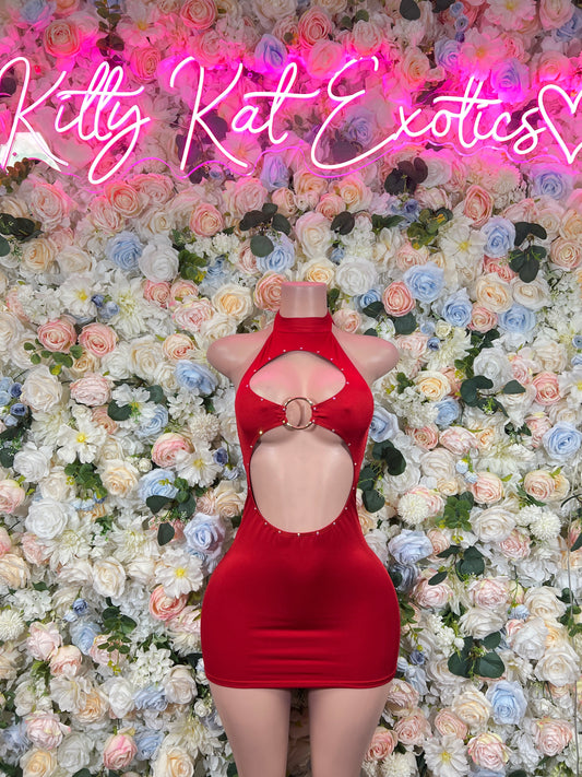 Red halter cutout mini dress with circular ring accent at neckline