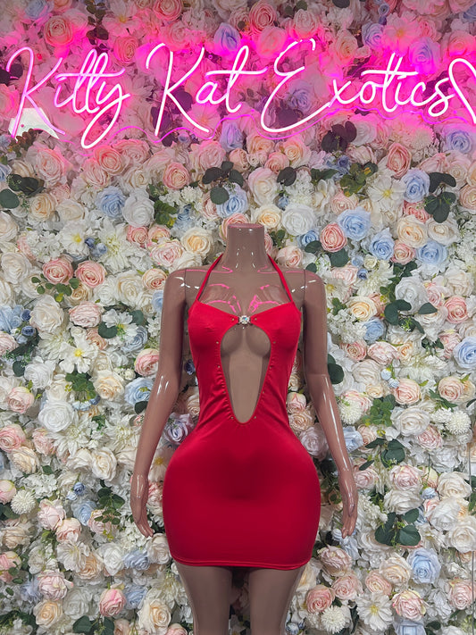 Red ruched cutout mini dress with halter straps, open chest, and fitted body