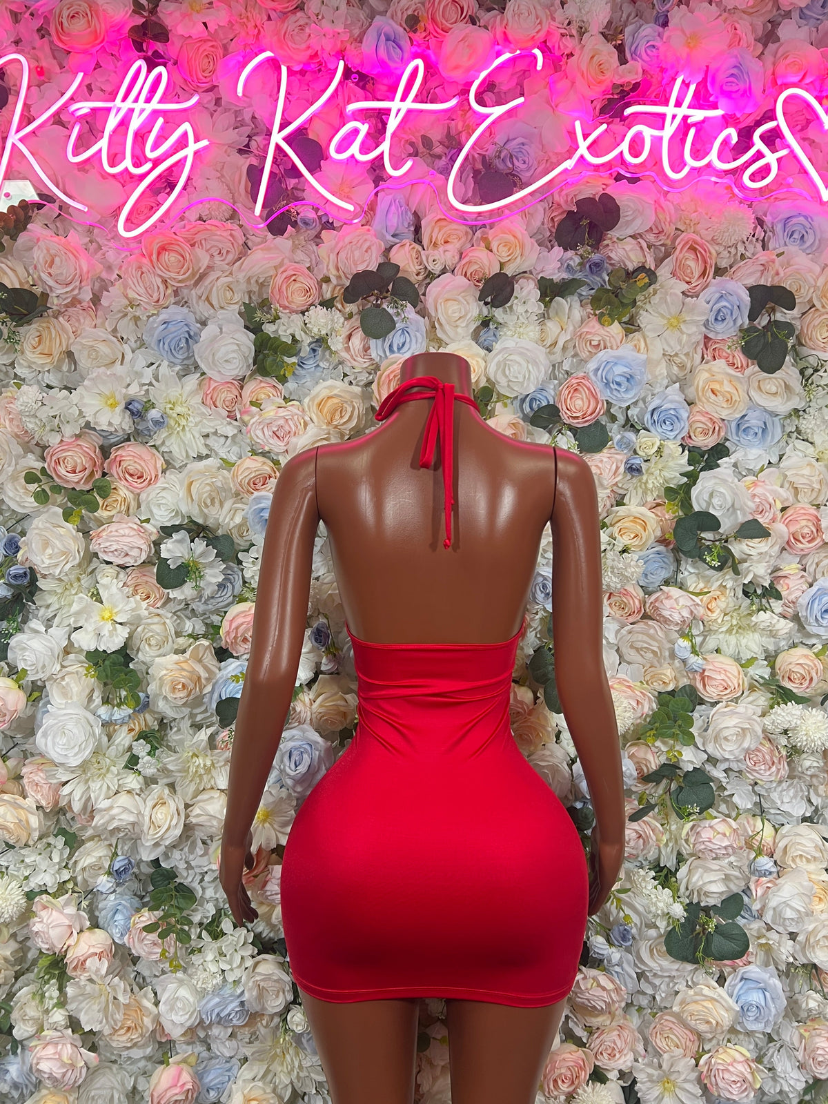 Red halter cutout bodycon mini dress, open back with tie straps